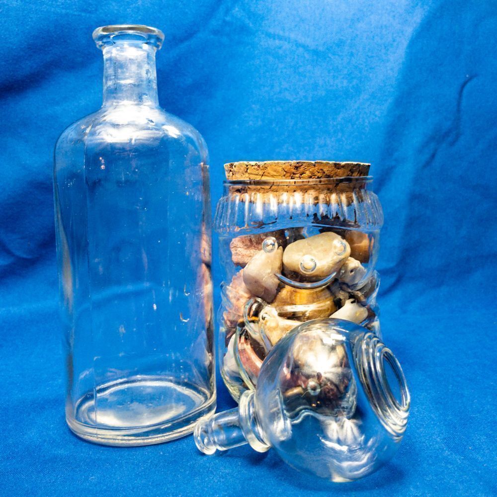 VTG Glass Bottle, Knob Stopper, & Snowman Full of Cool Rocks